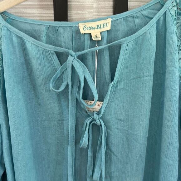 NWT Cotton Bleu slate blue peasant style blouse with lace shoulder detail size S - Picture 4 of 5